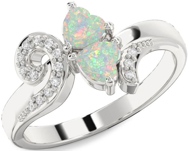 Diamond Opal Silver Two Heart Birthstone Ring