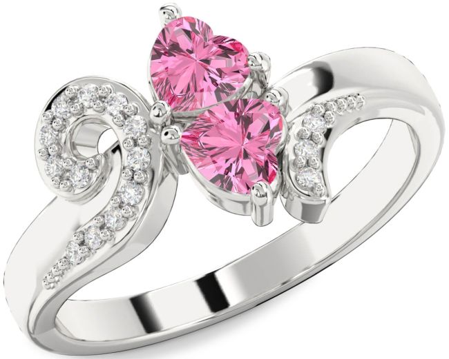 Diamond Pink Sapphire Silver Two Heart Ring
