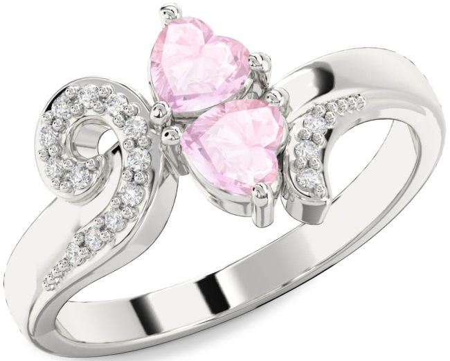 Diamond Rose Quartz Silver Two Heart Ring