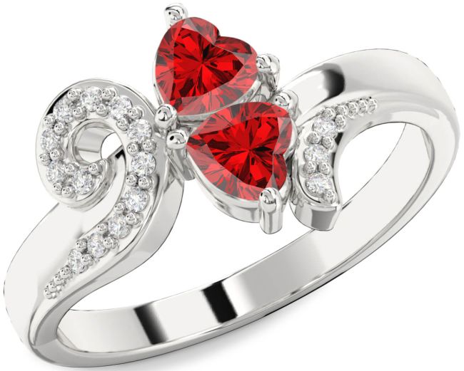 Diamond Ruby Silver Two Heart Birthstone Ring