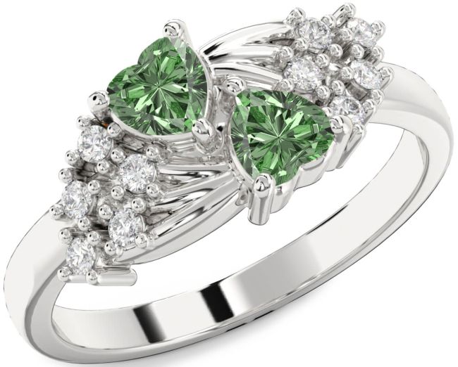 Green Diamond Silver Two Heart Ring