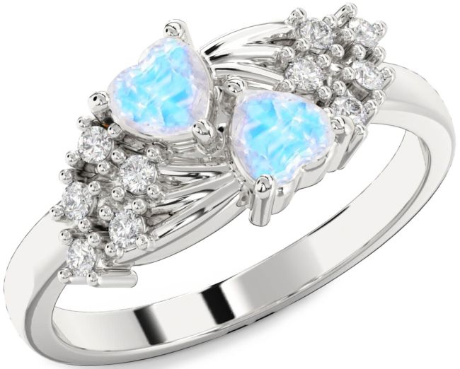 Diamond Moonstone Silver Two Heart Ring
