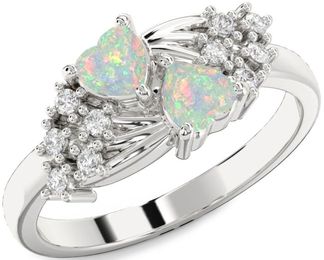 Diamond Opal Silver Two Heart Birthstone Ring
