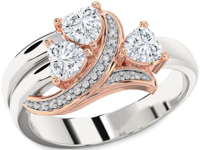 Diamond Rose Gold Silver Heart Three Stone Ring