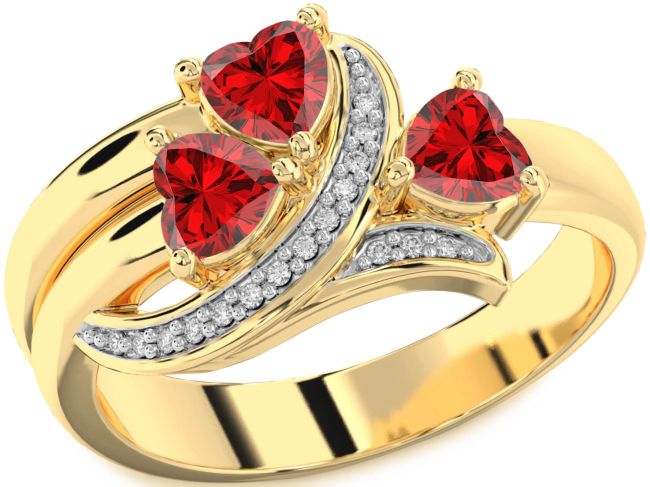 Diamond Ruby Gold Heart Three Stone Birthstone Ring