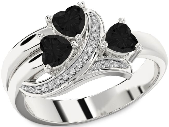 Black Diamond Silver Heart Three Stone Ring