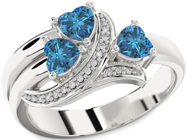 Blue Diamond Silver Heart Three Stone Ring