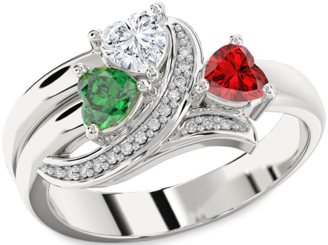 Diamond Silver Heart Three Stone Mother's Ring