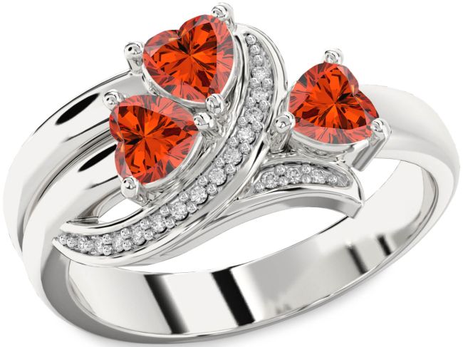 Diamond Fire Opal Silver Heart Three Stone Ring