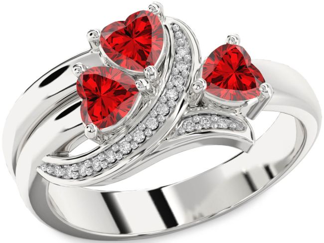 Diamond Ruby Silver Heart Three Stone Birthstone Ring