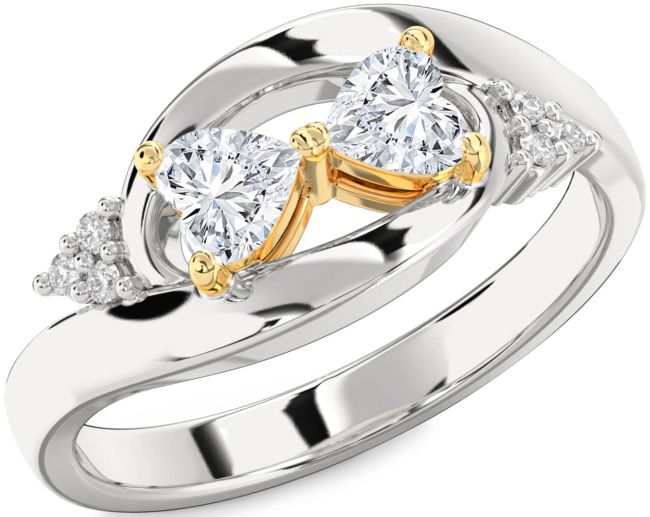 Diamond Gold Silver Two Heart Ring