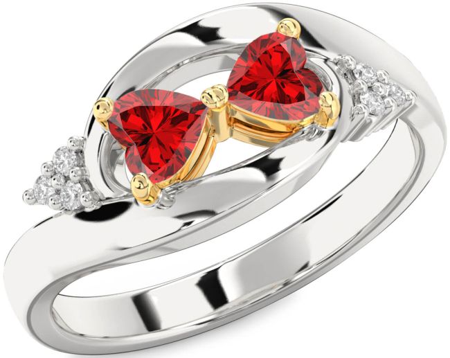 Diamond Ruby Gold Silver Two Heart Birthstone Ring