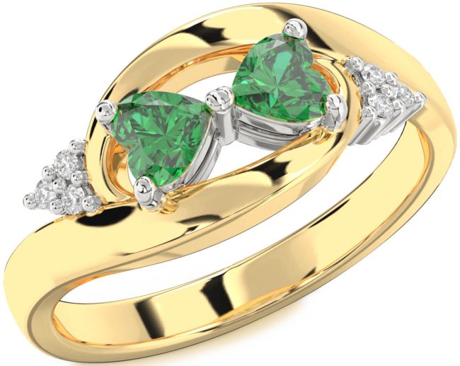Diamond Emerald Gold Silver Two Heart Birthstone Ring