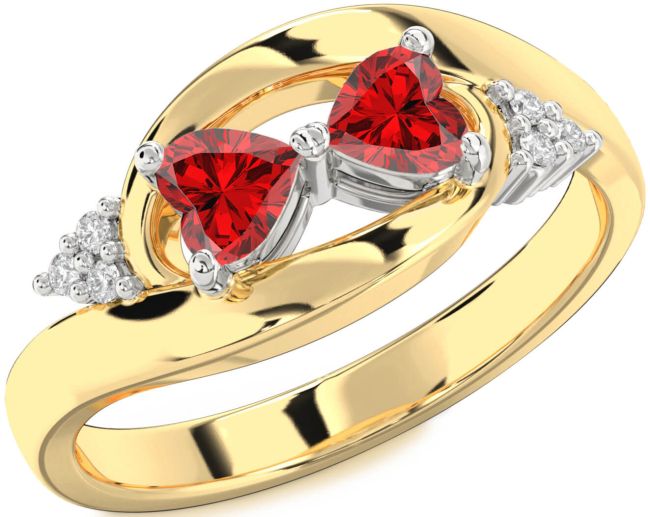 Diamond Ruby Gold Silver Two Heart Birthstone Ring