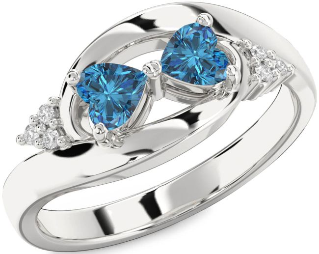 Blue Diamond Silver Two Heart Ring