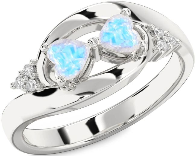 Diamond Moonstone Silver Two Heart Ring