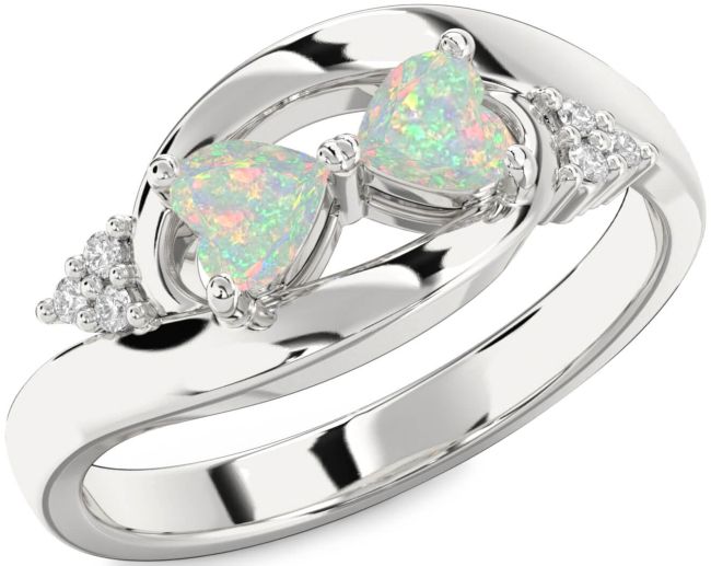 Diamond Opal Silver Two Heart Birthstone Ring