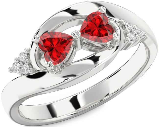 Diamond Ruby Silver Two Heart Birthstone Ring
