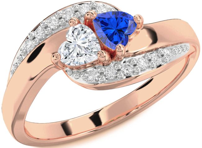 Diamond Rose Gold Silver Two Heart Promise Ring