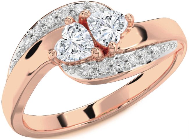 Diamond Rose Gold Silver Two Heart Ring