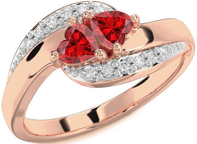Diamond Ruby Rose Gold Two Heart Birthstone Ring