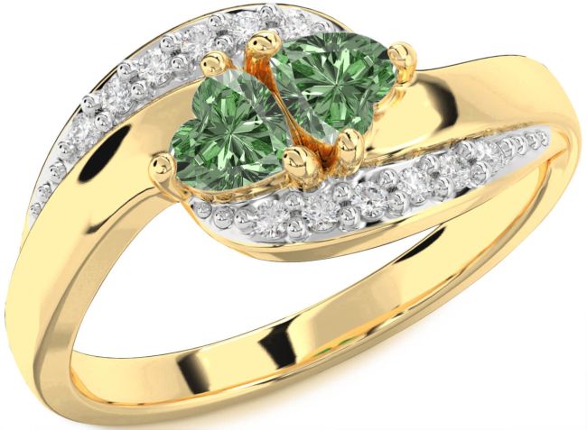 Green Diamond Gold Two Heart Ring