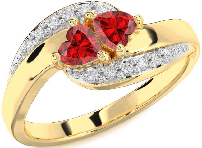 Diamond Ruby Gold Two Heart Birthstone Ring