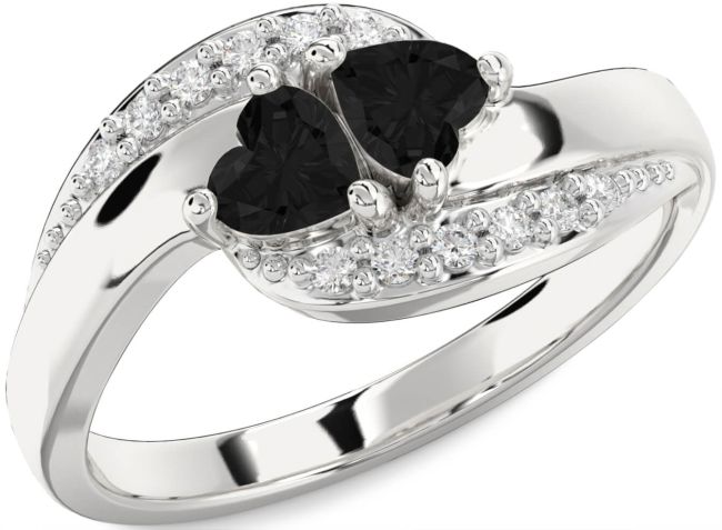Black Diamond Silver Two Heart Ring