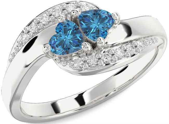 Blue Diamond Silver Two Heart Ring