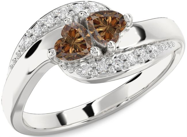 Chocolate Brown Diamond Silver Two Heart Ring