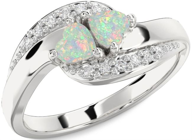 Diamond Opal Silver Two Heart Birthstone Ring