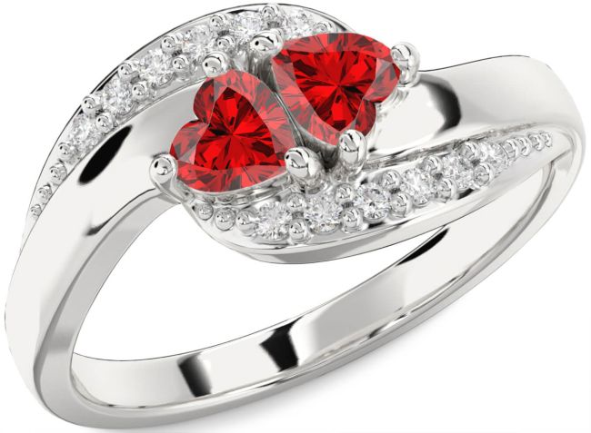 Diamond Ruby Silver Two Heart Birthstone Ring