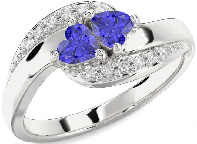 Diamond Tanzanite Silver Two Heart Ring