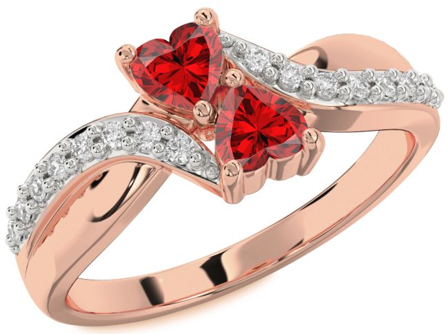 Diamond Ruby Rose Gold Two Heart Birthstone Ring
