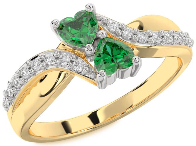 Diamond Emerald Gold Silver Two Heart Birthstone Ring
