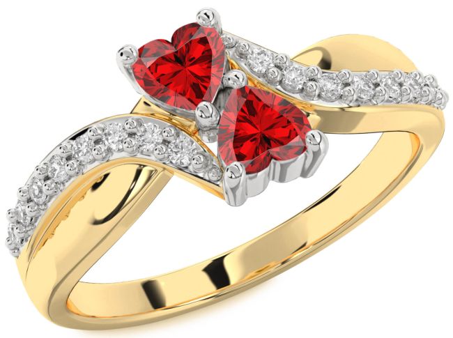 Diamond Ruby Gold Silver Two Heart Birthstone Ring