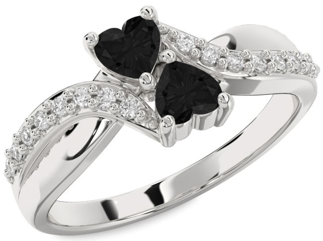 Black Diamond Silver Two Heart Ring