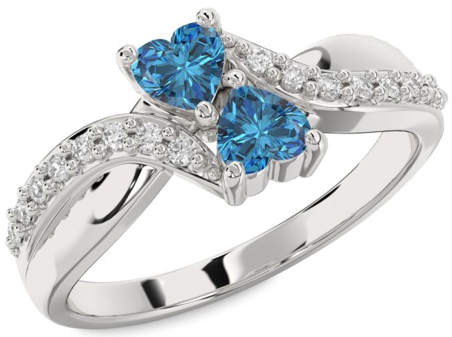 Blue Diamond Silver Two Heart Ring