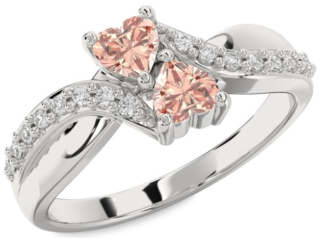 Diamond Morganite Silver Two Heart Ring