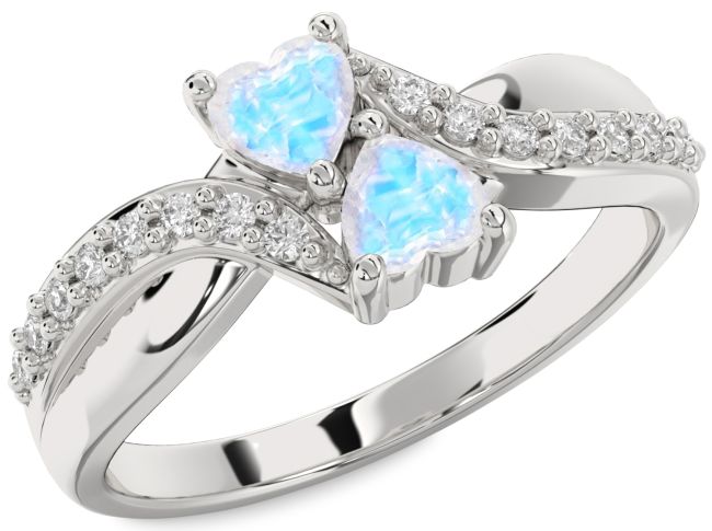 Diamond Moonstone Silver Two Heart Ring