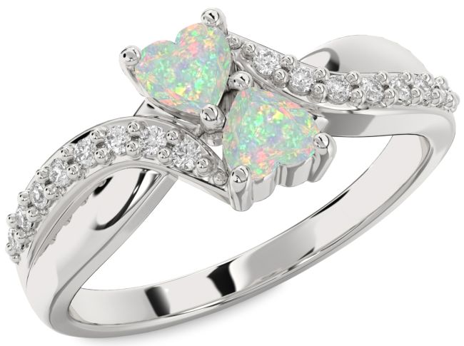 Diamond Opal Silver Two Heart Birthstone Ring