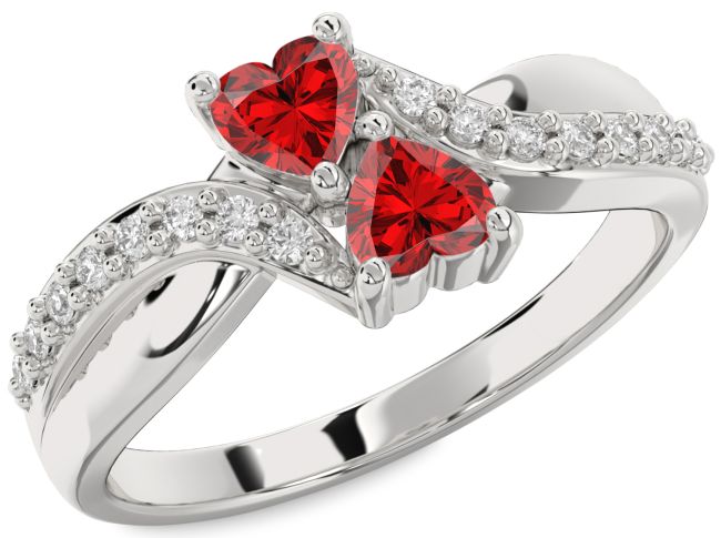 Diamond Ruby Silver Two Heart Birthstone Ring