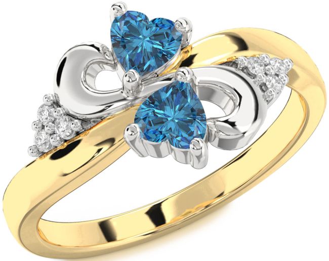 Blue Diamond Gold Silver Infinity Two Heart Ring