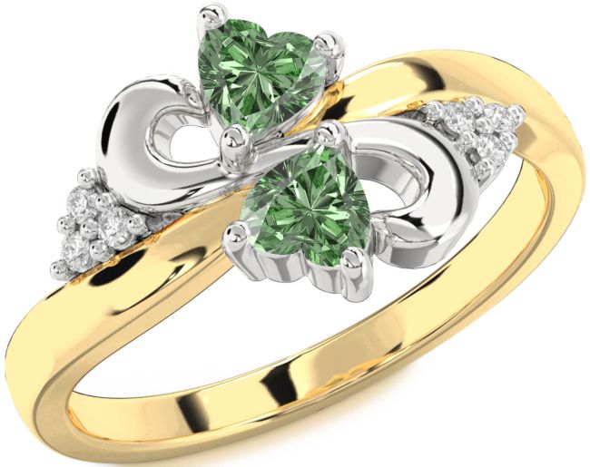Green Diamond Gold Silver Infinity Two Heart Ring