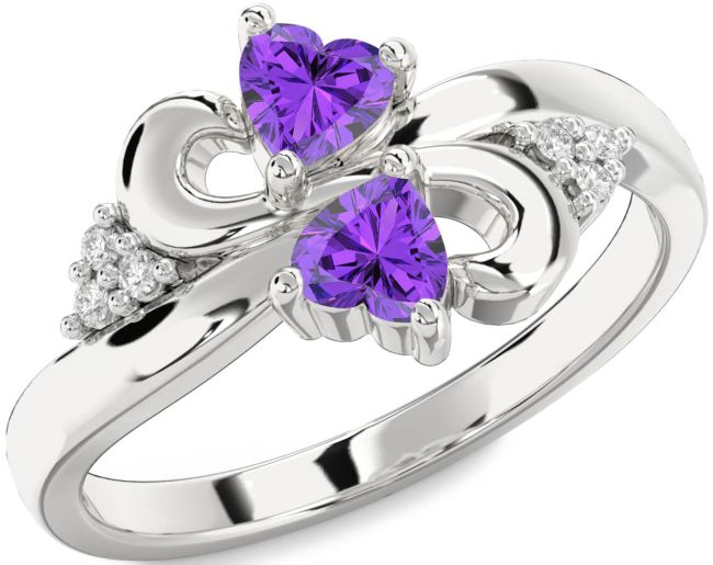 Diamond Amethyst Silver Infinity Two Heart Birthstone Ring