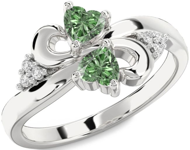 Green Diamond Silver Infinity Two Heart Ring