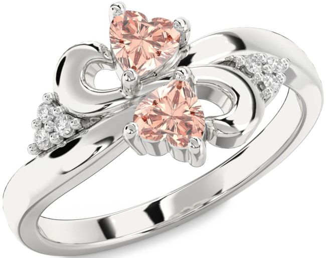 Diamond Morganite Silver Infinity Two Heart Ring