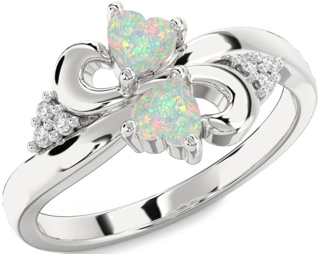 Diamond Opal Silver Infinity Two Heart Birthstone Ring