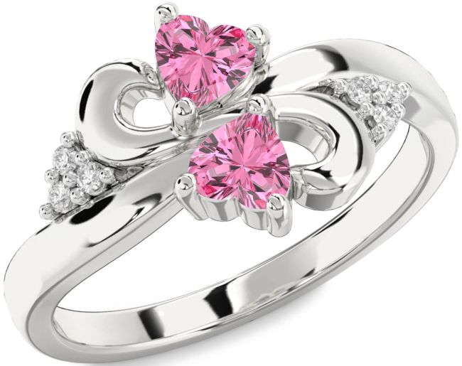 Diamond Pink Sapphire Silver Infinity Two Heart Ring