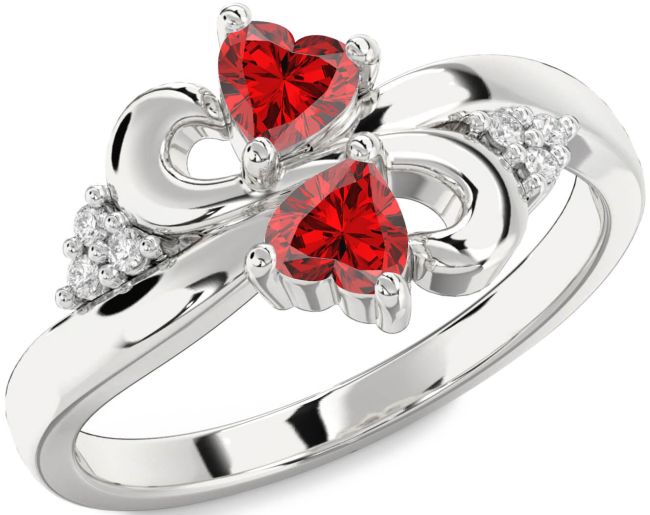 Diamond Ruby Silver Infinity Two Heart Birthstone Ring